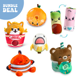 Top Trenz exclusive sensory plush bundle 6-piece fidget gift set with sugar squishy donut, clownfish sugar squisher, shark-nana bubble stuffed squishy, reversible cat avocado water wiggler, beadie buddy, and bubble tea bear fortune plush