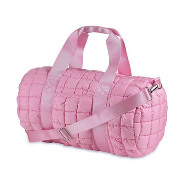 ★TRILLION★ Unisex Hooded Duffel Quilted Padding KHAKI Pink Quilted Puffer Duffle – Trendy Bag for Travel & Sports