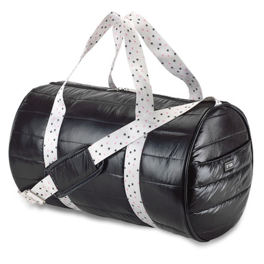 Black Puffer Duffel Bag with Twinkle Star Straps – Stylish