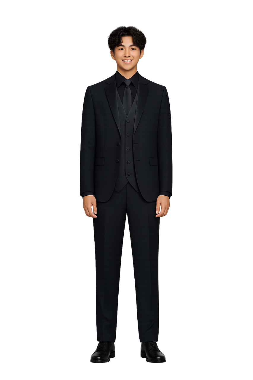 The Paul - Men's Tuxedo Package with Black Dress Shirt, Black Vest #350B and Long Tie