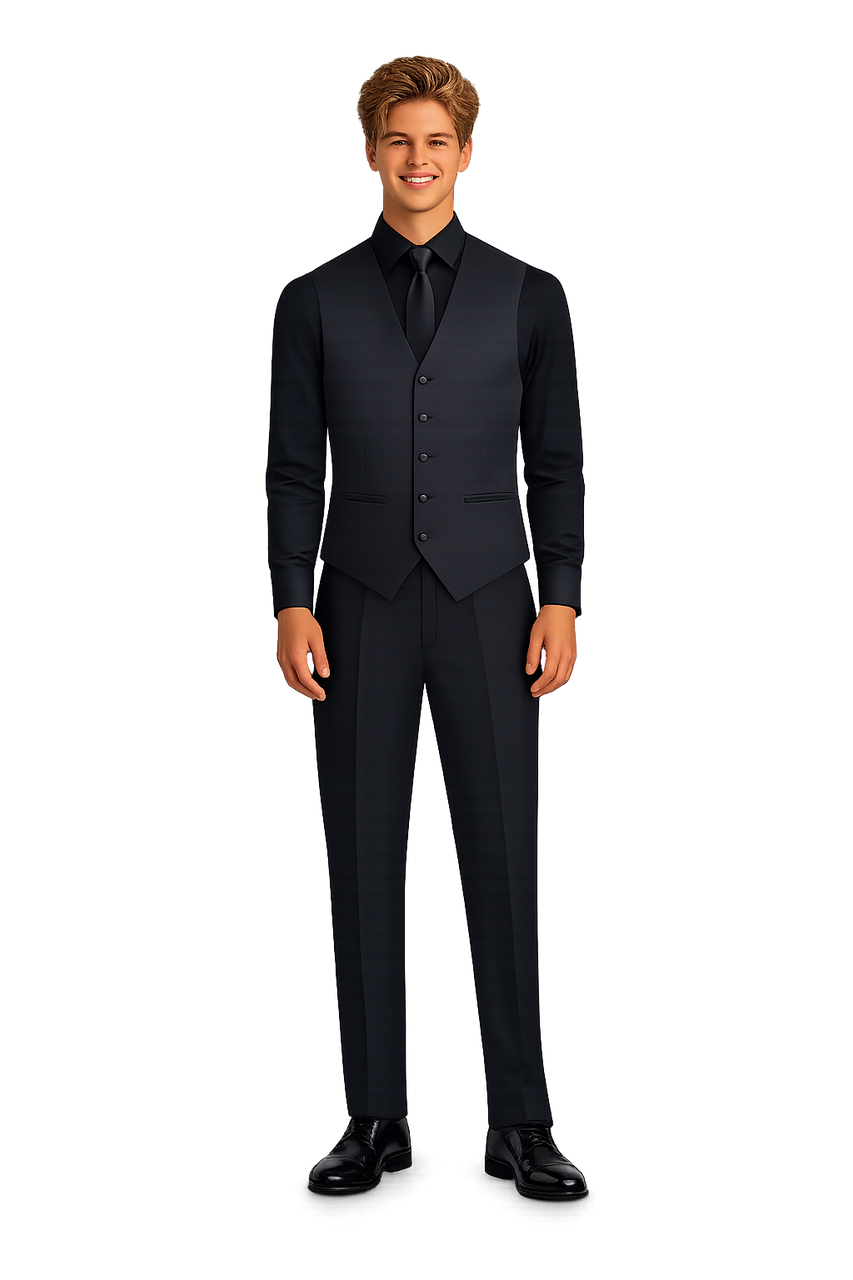 black dress shirt and black vest Theo Ensemble Package with Black Dress Shirt,#350B Vest and Black Long Tie
