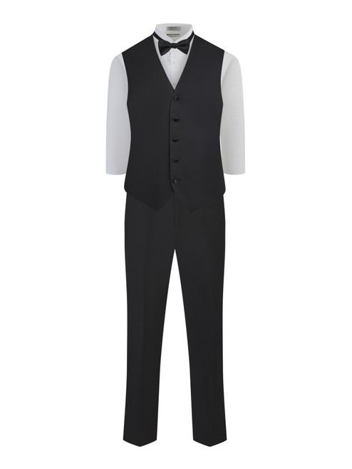 The David is a men's ensemble package which includes our men's tuxedo pants, white wing shirt, black satin vest with no pockets and a black bow tie.