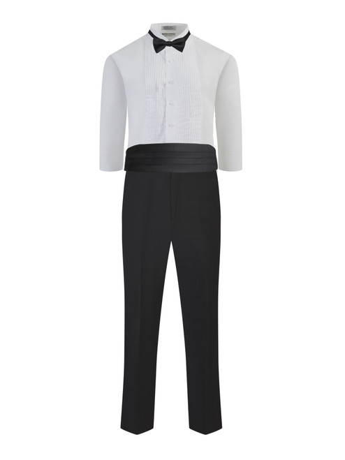 Myles ensemble package with tuxedo pants, white wing shirt, black cummerbund and tie