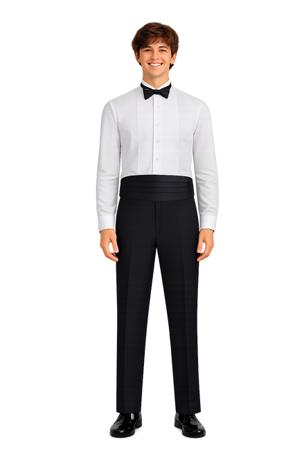 The Myles package with pants, white wing shirt, cummerbund and bow tie