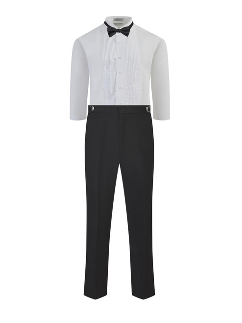 The Cameron is a concert ensemble that includes tuxedo pants, white wing shirt, and black bow Tie.