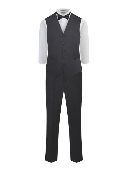 The Parker is a men's ensemble package which includes our men's tuxedo pants, white wing shirt, black satin vest with pockets and a black bow tie