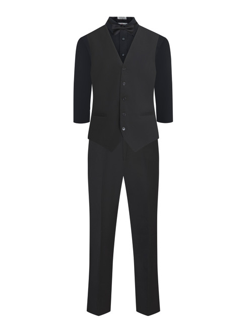 The Micah is a men's ensemble package which includes our men's tuxedo pants, Black Dress Shirt, poplin vest and a black bow tie.