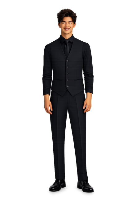 The Everett Ensemble Package with Tuxedo Pants, Black Dress Shirt, #4401 Vest and Long Tie