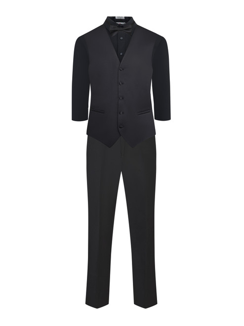 The Axel is a men's ensemble package which includes our men's tuxedo pants, black dress shirt, black satin vest with pockets and a black bow tie.