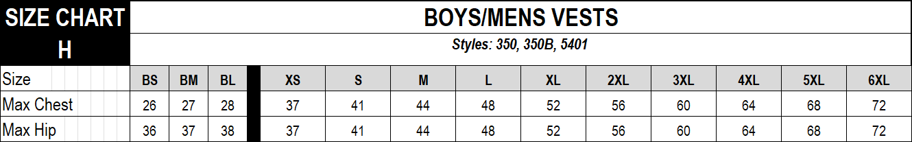 size chart h