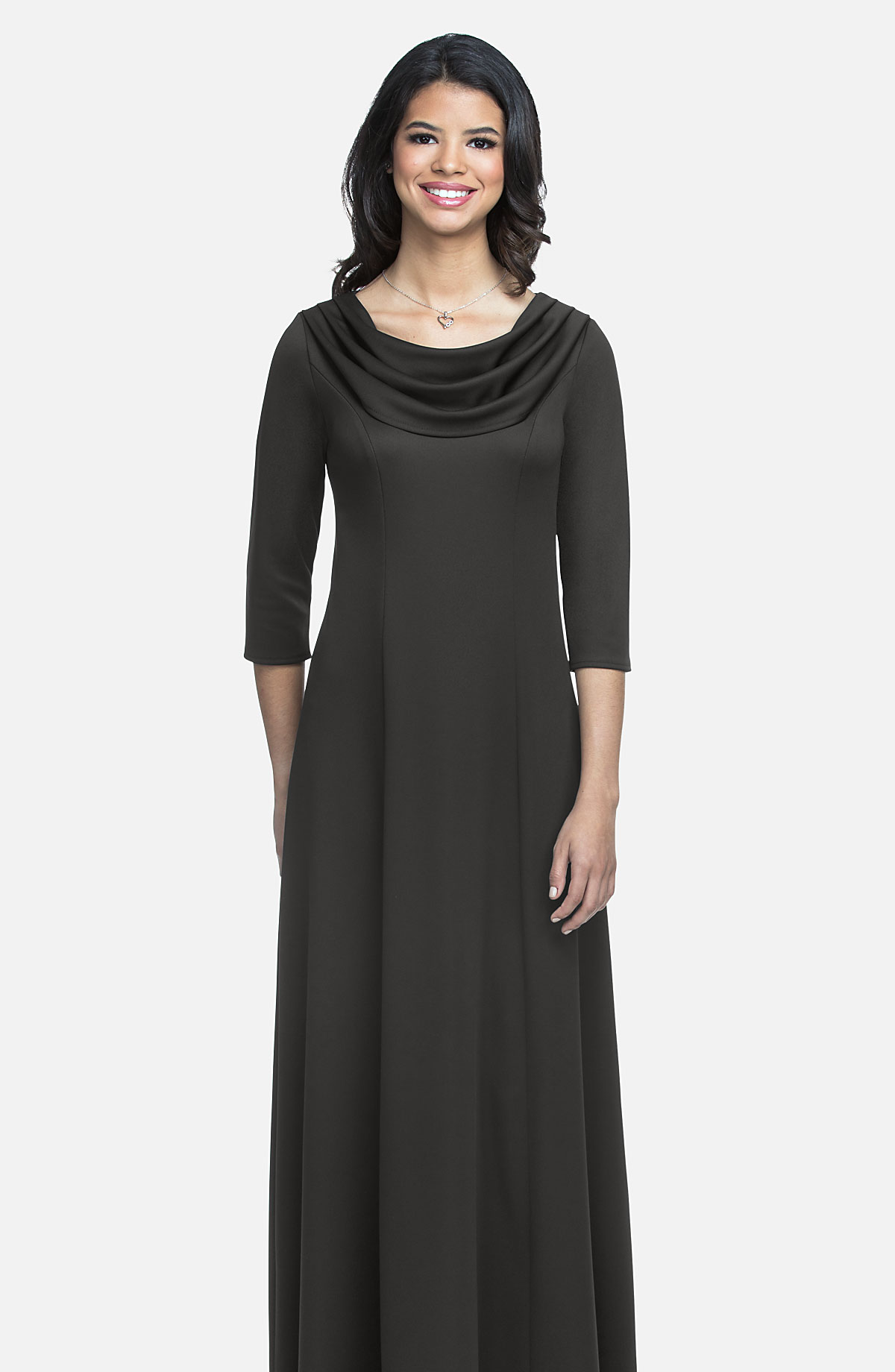 Ellie cowl neckline black knit dress with 3/4 sleeves