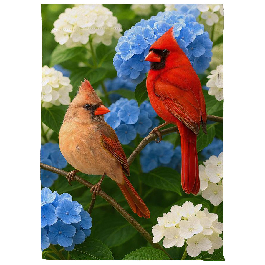 Cardinal Couple Among Hydrangeas Suede Garden Flag