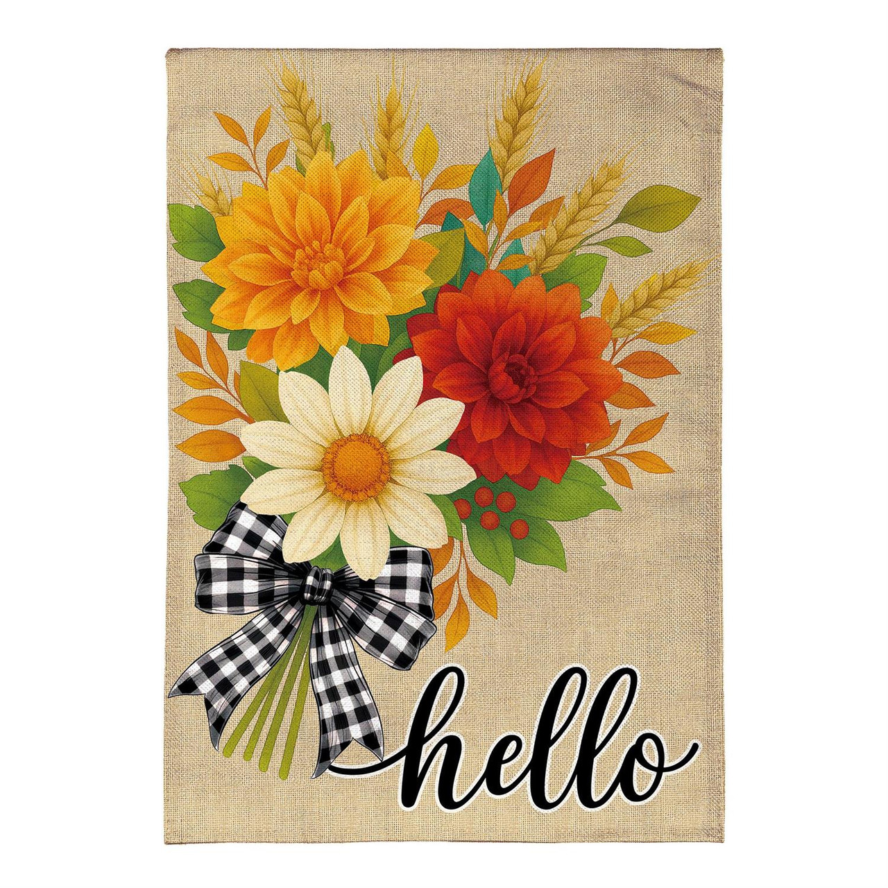 Hello Fall Bow Florals Burlap Garden Flag