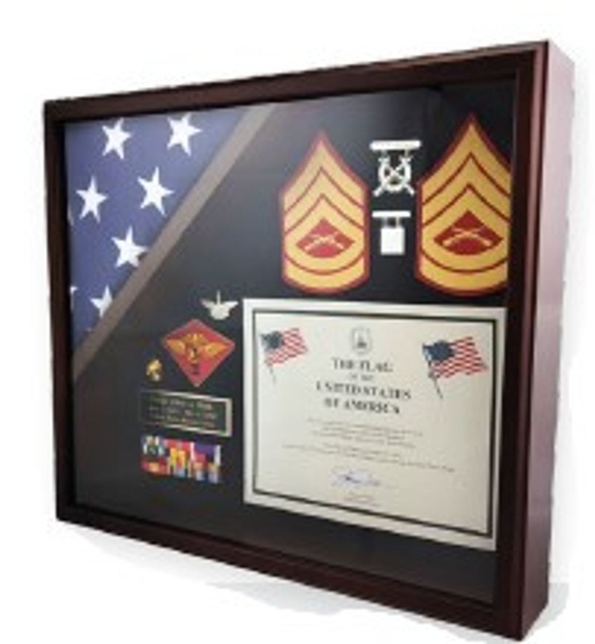 Flag and Accolades Display Case- with Folded 3x5ft USA Flag