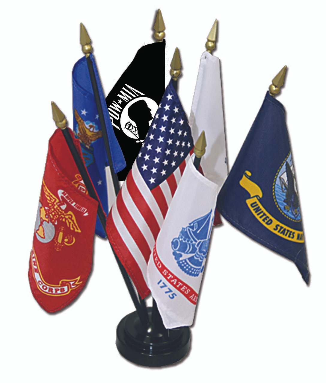Armed Forces Stick Flag Set of 7 with Base w/ POW