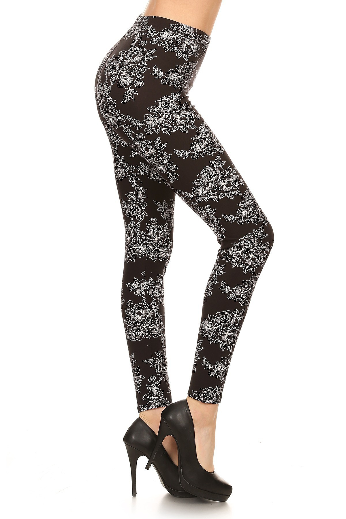 Wholesale Buttery Soft Black and White Floral Outline Leggings ...