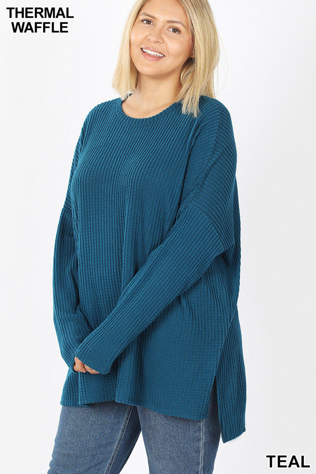 【KOOLOSET】Cotton Waffle Round Knit Wholesale Brushed Thermal Waffle Knit Round Neck Hi-Low Plus