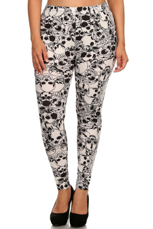 Front image of Wholesale Buttery Smooth White Layers of Skulls Plus Size Leggings - 3X-5X