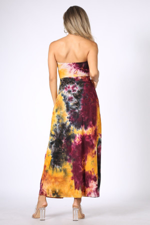 Back of Burgundy Wholesale Tie Dye Ruched Split Front Maxi Duster Tube Top