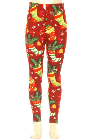 Wholesale Buttery Soft Ruby Red Christmas Stocking Kids Leggings