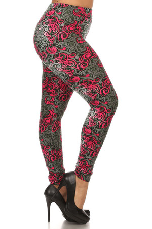 Side Image of Wholesale Buttery Smooth Fuchsia Tangled Swirl Extra Plus Size Leggings - 3X-5X