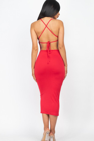 Red Wholesale Crisscross Open Back Bodycon Midi Dress