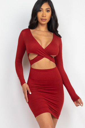 Wine Wholesale Long Sleeve Crisscross Cut Out Front Mini Bodycon Dress