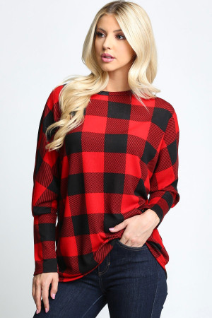 Red Buffalo Plaid Long Sleeve Dolman Plus Size Top