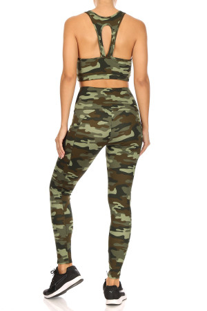 Wholesale 2 Piece Green Camouflage Crop Top and Legging Set
