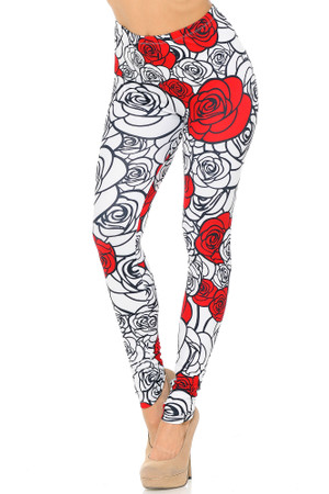 Wholesale Creamy Soft Red Stencil Roses Leggings - USA Fashion™