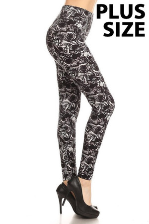 Wholesale Buttery Smooth Black and White Rose Floral Plus Size Leggings