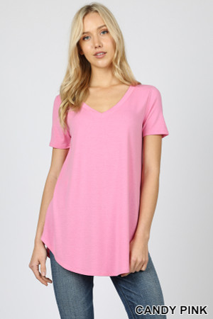 Premium Short Sleeve V-Neck Round Hem Top