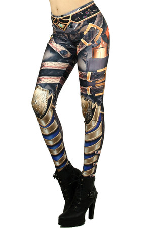 Left side leg image of Wholesale Graphic Print Steampunk Armor Leggings