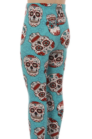 Wholesale Buttery Soft Teal Sugar Skull Kid's Leggings