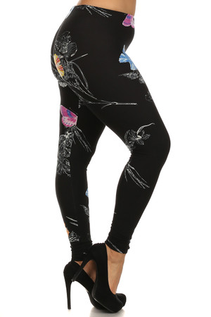 Right side leg image of Wholesale Buttery Smooth Beautiful Butterfly Plus Size Leggings - 3X-5X