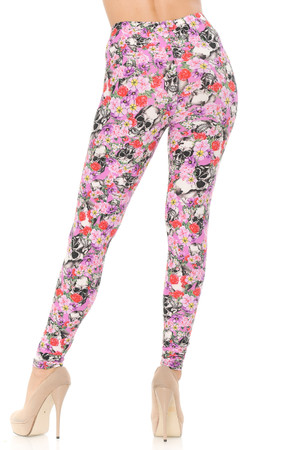Wholesale Buttery Smooth Pink Blossom Skulls Plus Size Leggings