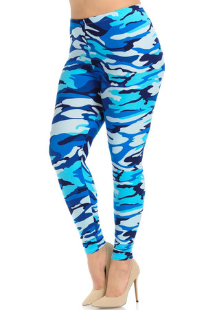 Wholesale Buttery Smooth Blue Camouflage Extra Plus Size Leggings - 3X-5X