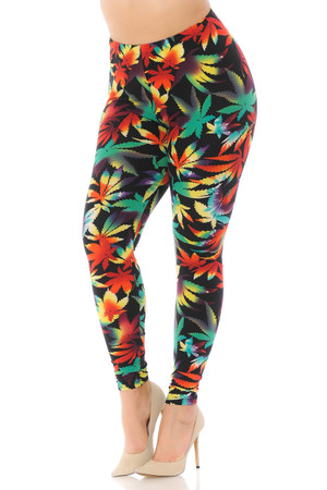 Wholesale Buttery Smooth Rainbow Marijuana Extra Plus Size Leggings - 3X-5X