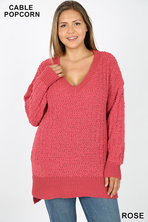 Front image of Rose Wholesale Cable Knit Popcorn V-Neck Hi-Low Plus Size Sweater