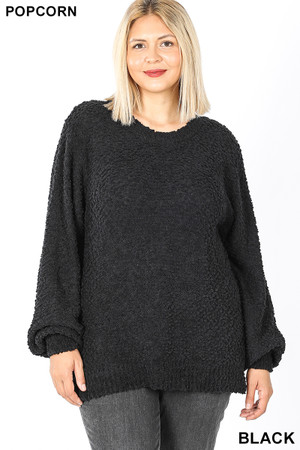 Front image of Black Wholesale Popcorn Balloon Sleeve Round Neck Plus Size Pullover Sweater