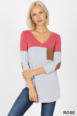 Front view of Rose Wholesale Color Block V-Neck 3/4 Sleeve Top with Front Pocket