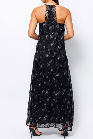 Wholesale Black Floral Burnout Maxi Dress with Lace Accented T Back
