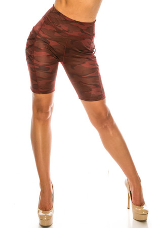 Wholesale Burgundy Camouflage Crisscross Detail Sport Biker Shorts with Side Pocket