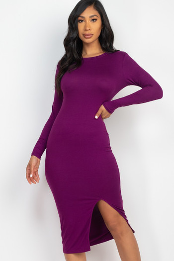 Purple Wholesale Solid Long Sleeve Thigh Slit Midi Broycon Dress