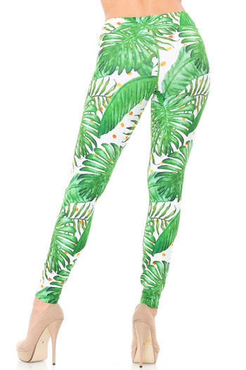 Wholesale Double Brushed Tropical Green Palm Leaf Leggings - 3 Inch Waistband