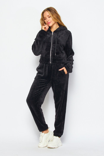 Black Wholesale y Soft Fur Fleece Zip Up Crop Hoodie Jogger Set