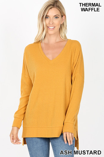 Front view of ash mustard Brushed Thermal Waffle V-Neck HI-LOW Top