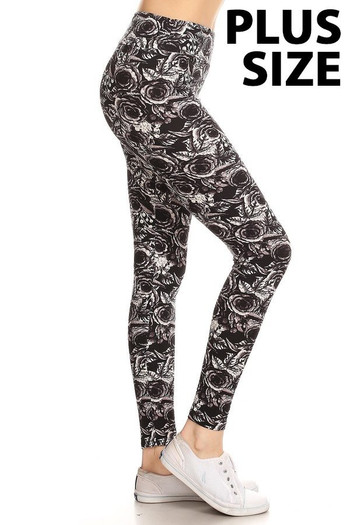 Wholesale Buttery Soft Black and White Rose Floral High Waist Plus Size Leggings