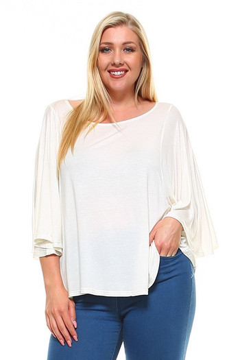 Wholesale Round Neckline 3/4 Flutter Sleeve Relaxed Fit Rayon Plus Size Top