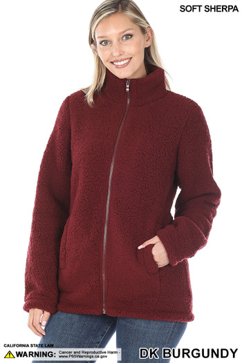 Front of Dark Burgundy Wholesale Sherpa Zip Up Jacket with Side Pockets